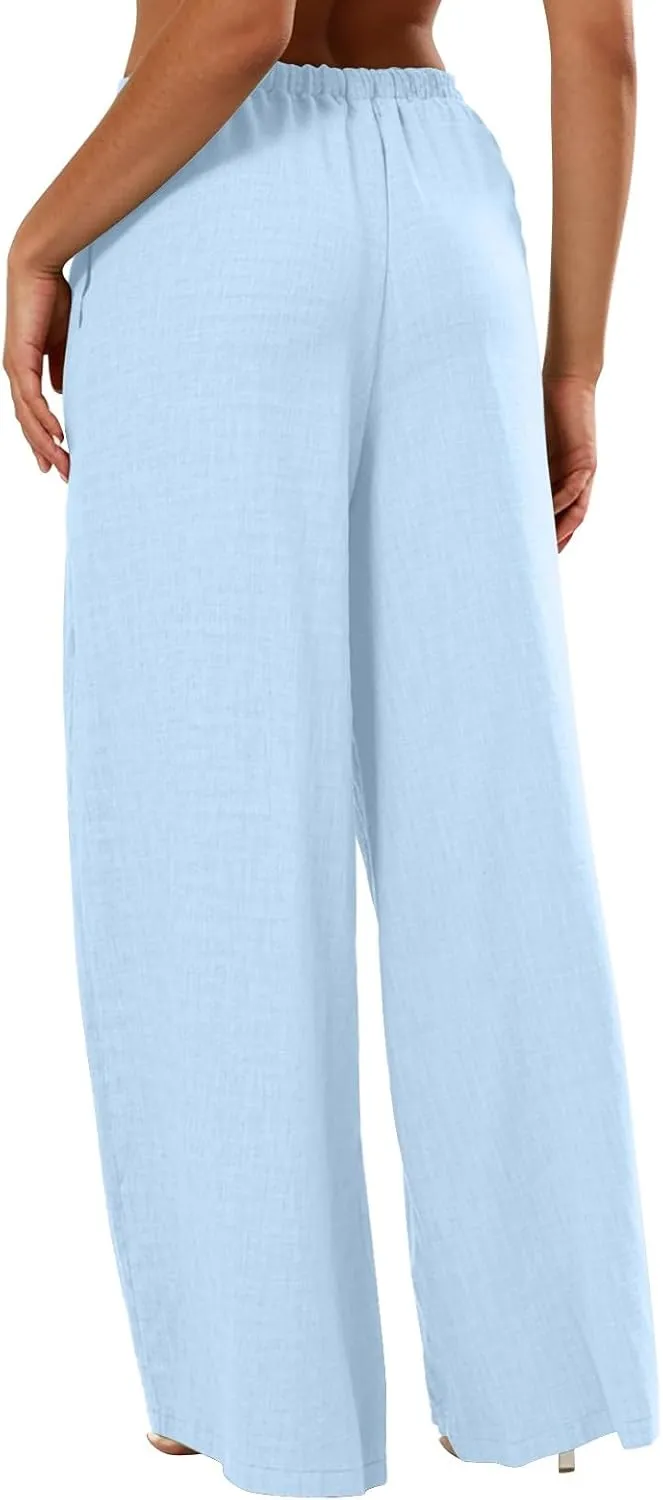 Wide Leg Linen Pants for Women Elastic Waist Flowy Palazzo Pant with Pockets Drawstring Loose Fit Summer Beach Pants