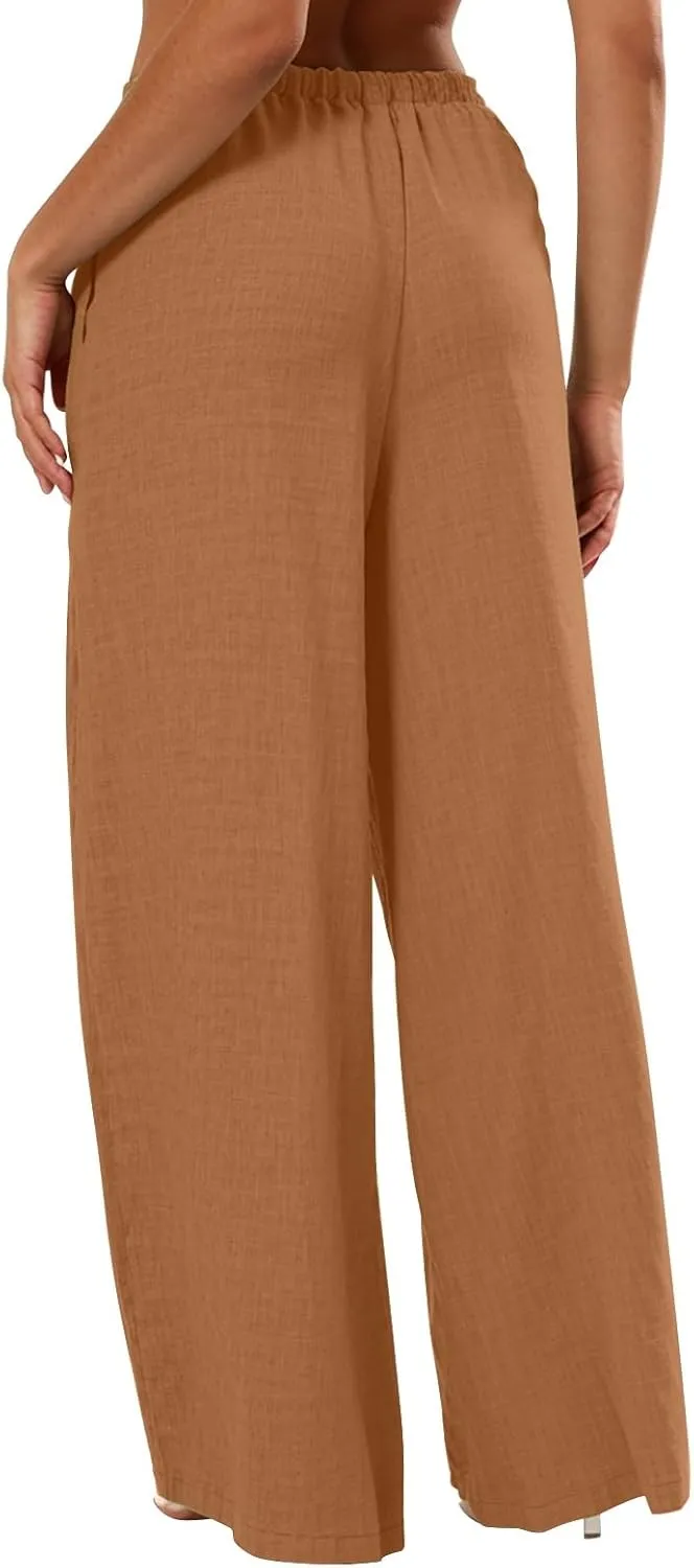 Wide Leg Linen Pants for Women Elastic Waist Flowy Palazzo Pant with Pockets Drawstring Loose Fit Summer Beach Pants