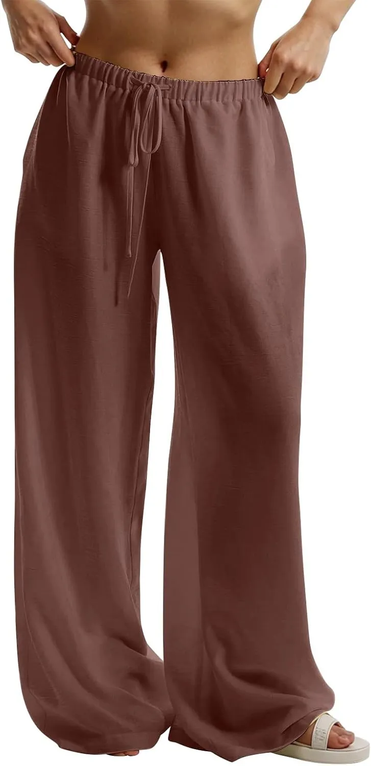 Wide Leg Linen Pants for Women Elastic Waist Flowy Palazzo Pant with Pockets Drawstring Loose Fit Summer Beach Pants