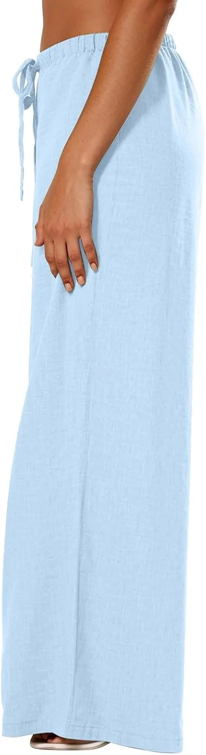 Wide Leg Linen Pants for Women Elastic Waist Flowy Palazzo Pant with Pockets Drawstring Loose Fit Summer Beach Pants