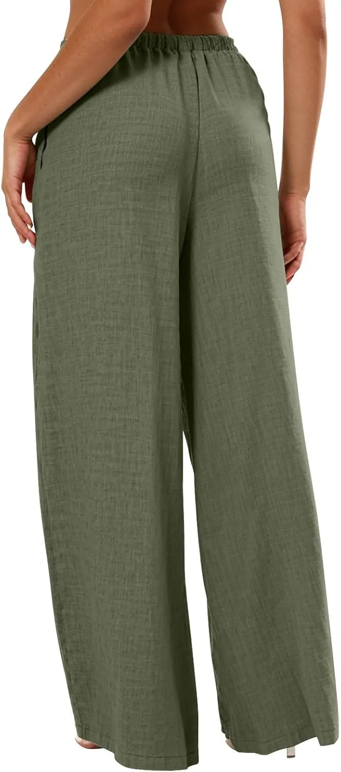 Wide Leg Linen Pants for Women Elastic Waist Flowy Palazzo Pant with Pockets Drawstring Loose Fit Summer Beach Pants