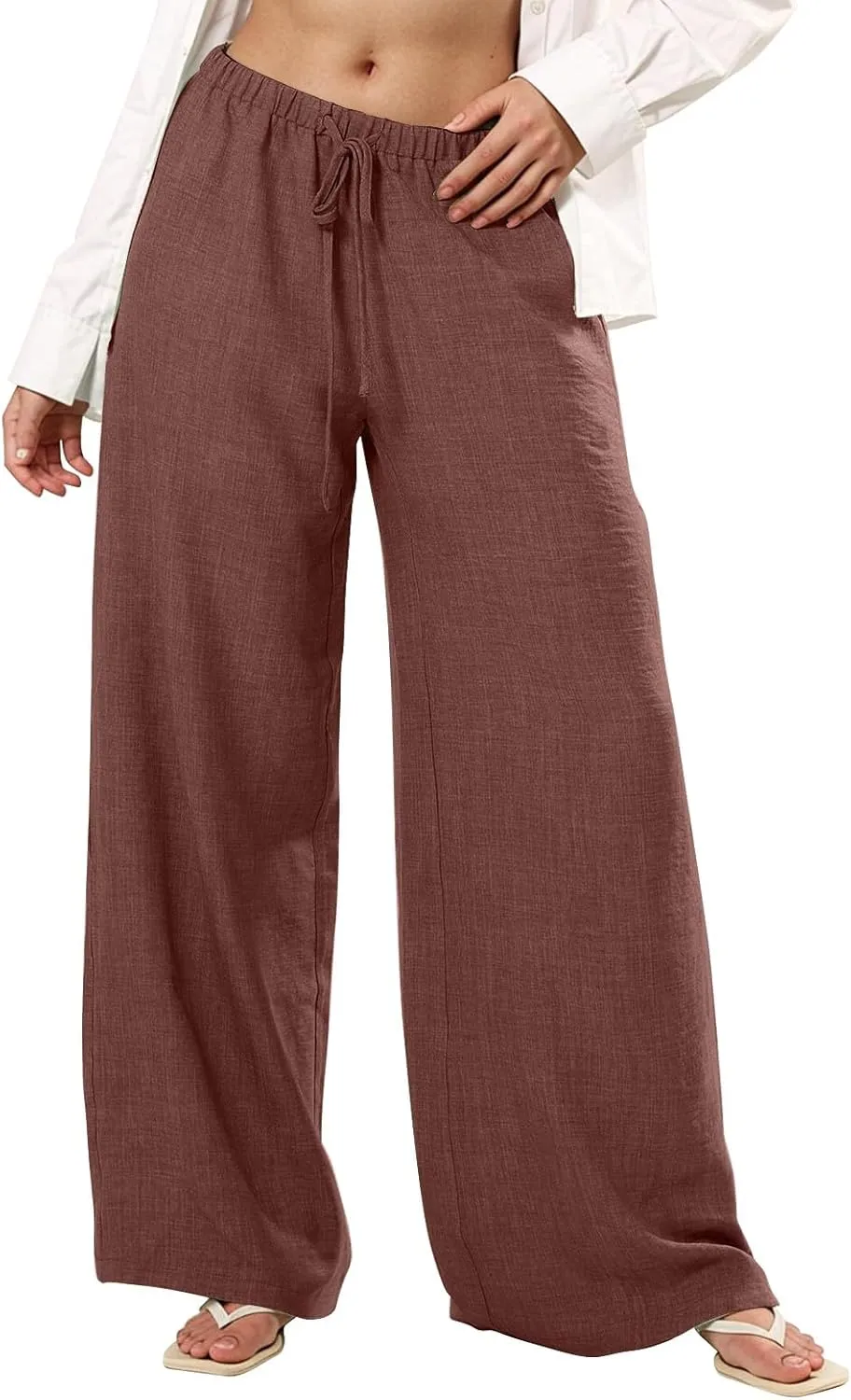 Wide Leg Linen Pants for Women Elastic Waist Flowy Palazzo Pant with Pockets Drawstring Loose Fit Summer Beach Pants