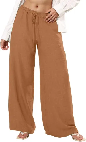 Wide Leg Linen Pants for Women Elastic Waist Flowy Palazzo Pant with Pockets Drawstring Loose Fit Summer Beach Pants