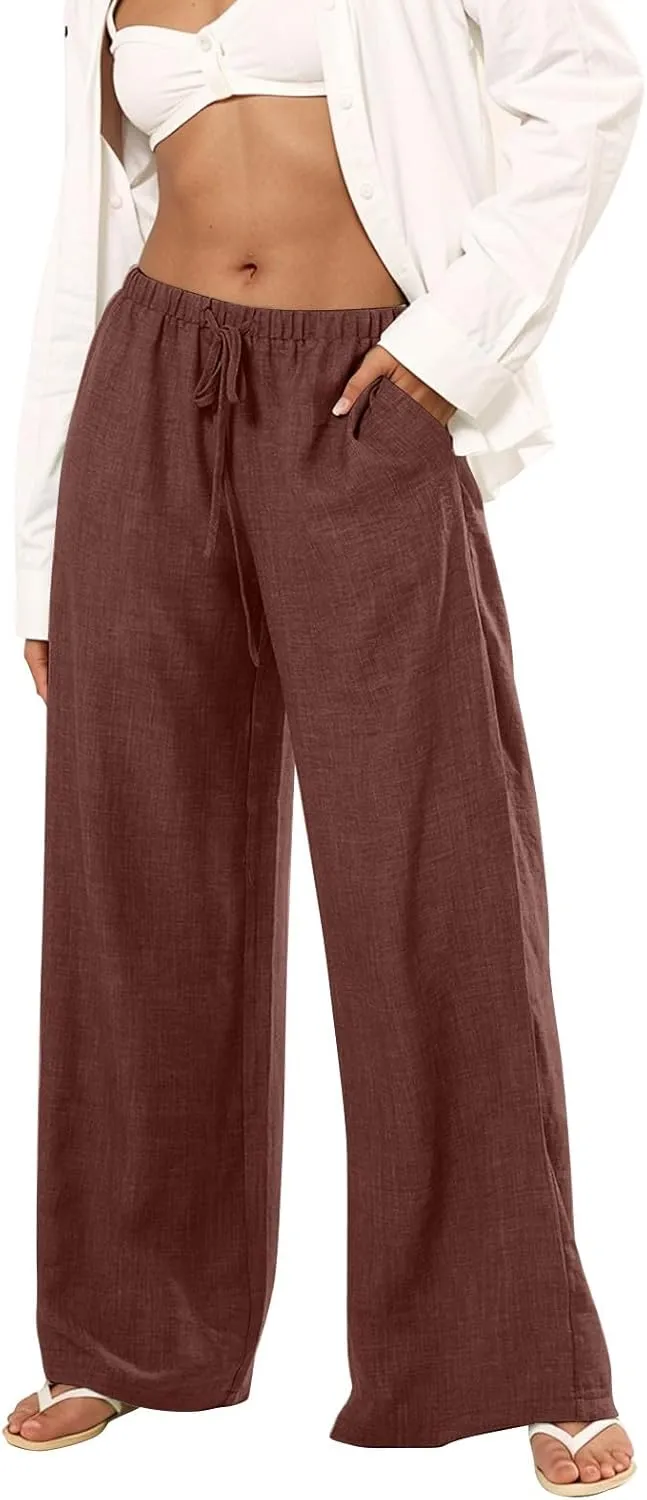 Wide Leg Linen Pants for Women Elastic Waist Flowy Palazzo Pant with Pockets Drawstring Loose Fit Summer Beach Pants
