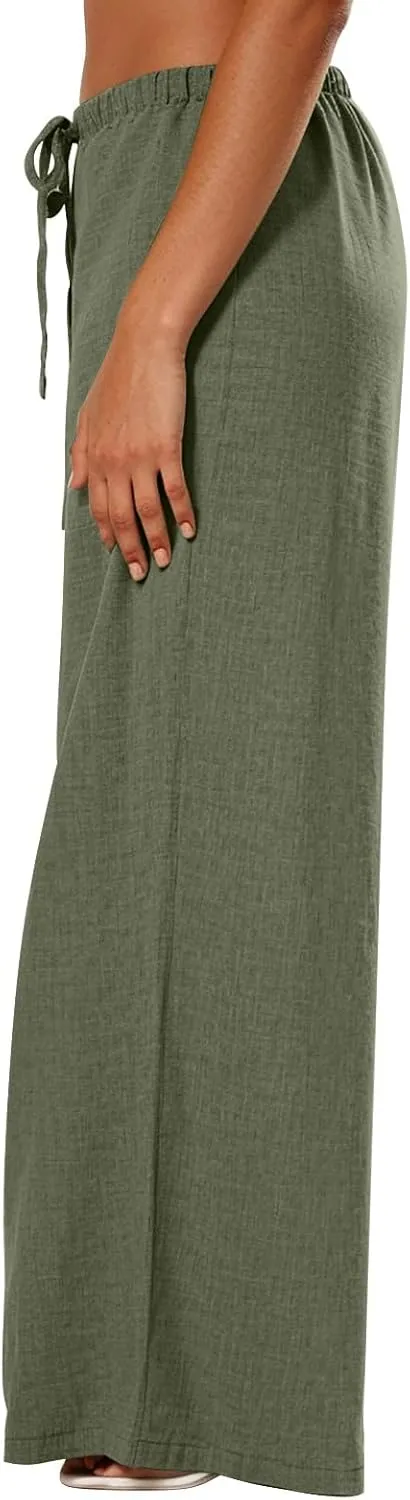 Wide Leg Linen Pants for Women Elastic Waist Flowy Palazzo Pant with Pockets Drawstring Loose Fit Summer Beach Pants