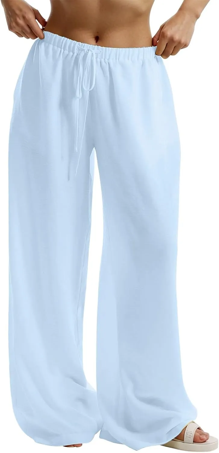 Wide Leg Linen Pants for Women Elastic Waist Flowy Palazzo Pant with Pockets Drawstring Loose Fit Summer Beach Pants