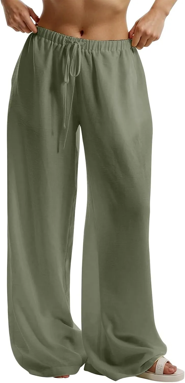 Wide Leg Linen Pants for Women Elastic Waist Flowy Palazzo Pant with Pockets Drawstring Loose Fit Summer Beach Pants