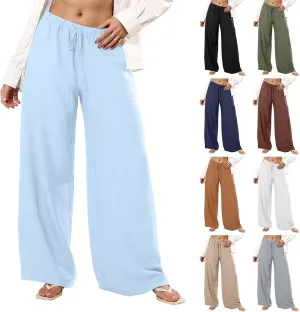 Wide Leg Linen Pants for Women Elastic Waist Flowy Palazzo Pant with Pockets Drawstring Loose Fit Summer Beach Pants