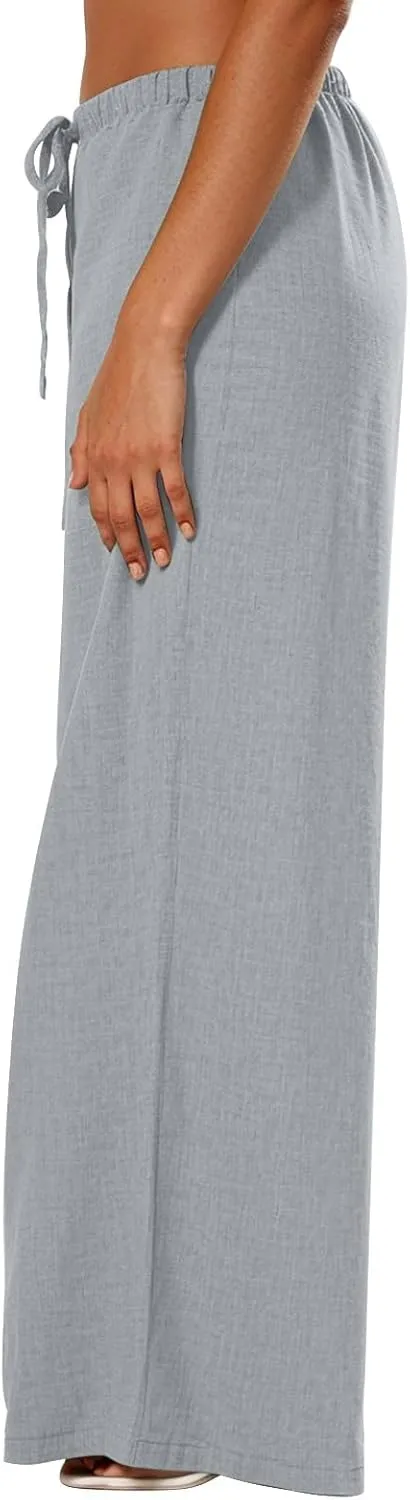 Wide Leg Linen Pants for Women Elastic Waist Flowy Palazzo Pant with Pockets Drawstring Loose Fit Summer Beach Pants