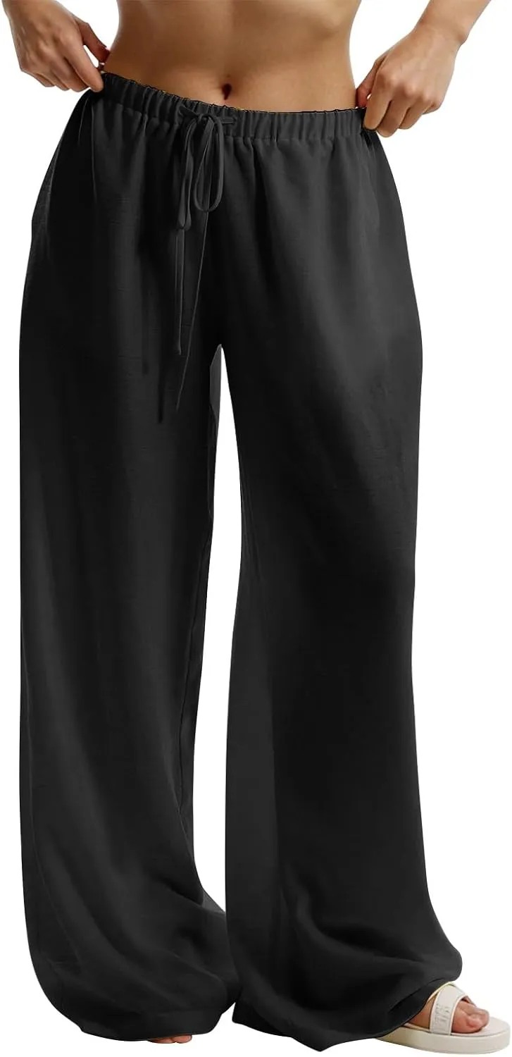 Wide Leg Linen Pants for Women Elastic Waist Flowy Palazzo Pant with Pockets Drawstring Loose Fit Summer Beach Pants
