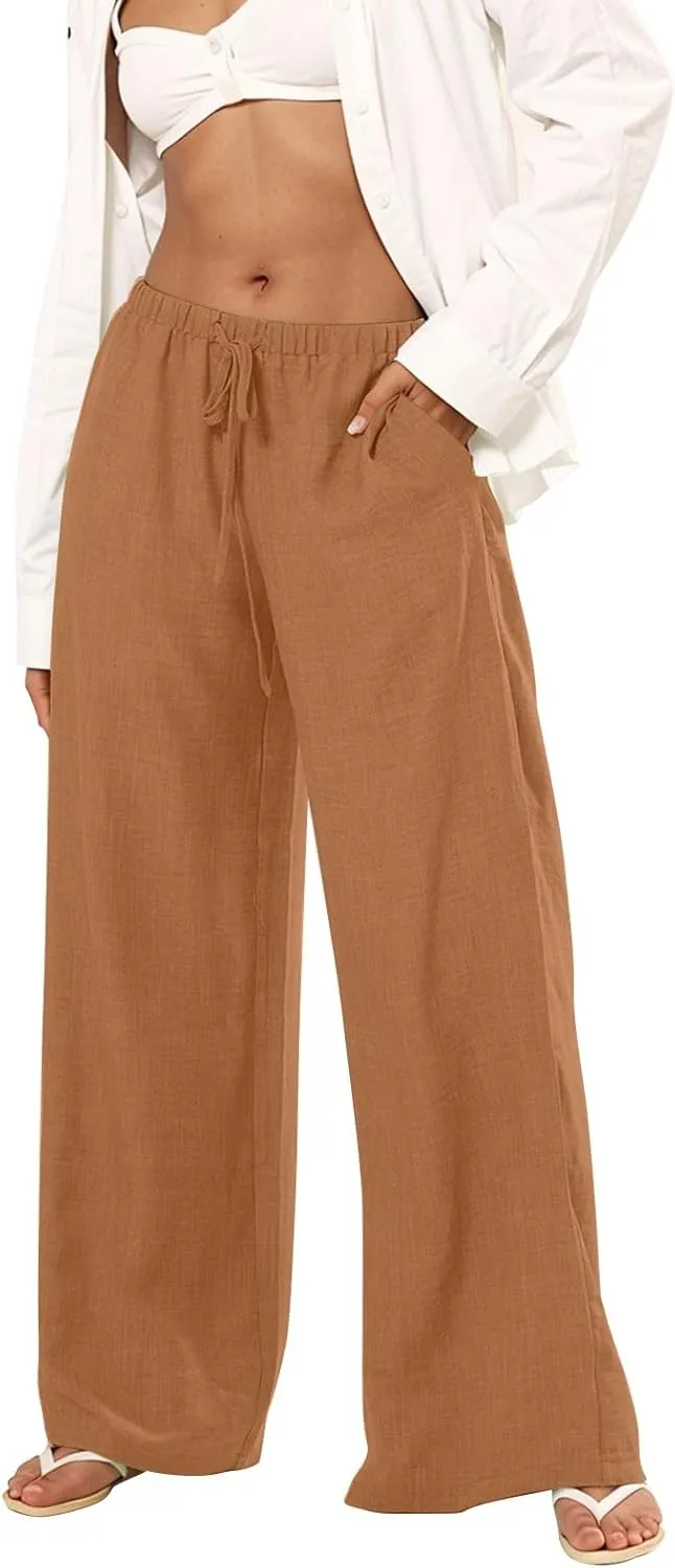 Wide Leg Linen Pants for Women Elastic Waist Flowy Palazzo Pant with Pockets Drawstring Loose Fit Summer Beach Pants