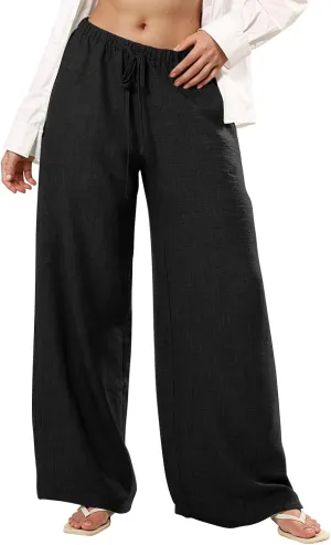 Wide Leg Linen Pants for Women Elastic Waist Flowy Palazzo Pant with Pockets Drawstring Loose Fit Summer Beach Pants