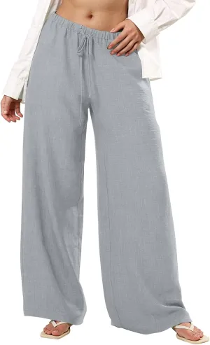 Wide Leg Linen Pants for Women Elastic Waist Flowy Palazzo Pant with Pockets Drawstring Loose Fit Summer Beach Pants