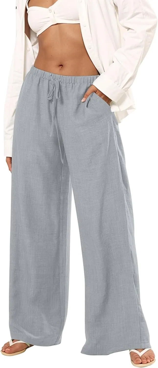 Wide Leg Linen Pants for Women Elastic Waist Flowy Palazzo Pant with Pockets Drawstring Loose Fit Summer Beach Pants