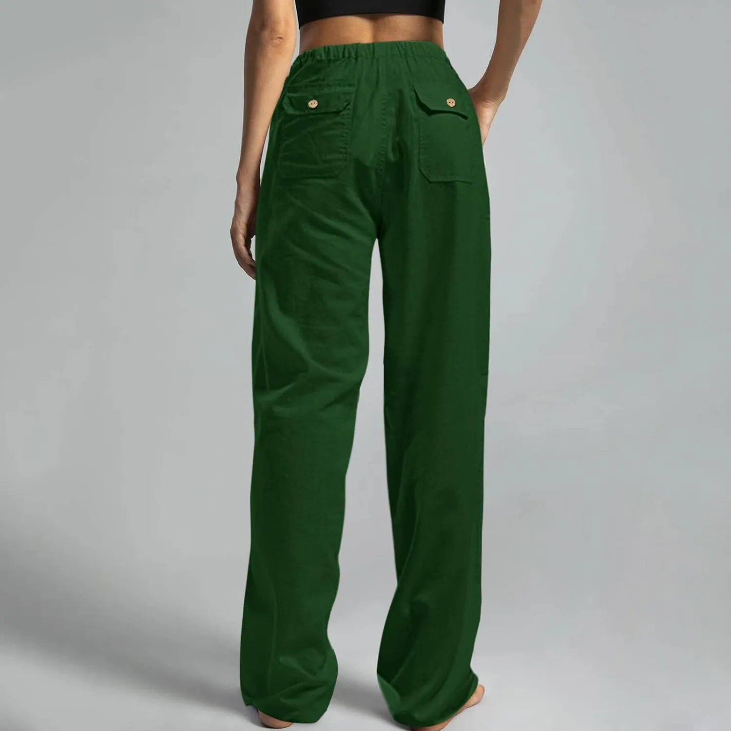 Women Linen Blend Summer Striped Pants Elastic Waisted Long Lounge Loose Fit Pants Business Work