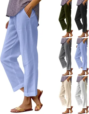 Women Linen Pants Breathable Elastic Waist Gauze Pant Lightweight Plus Size Summer Vacation Beach Pants with Pockets