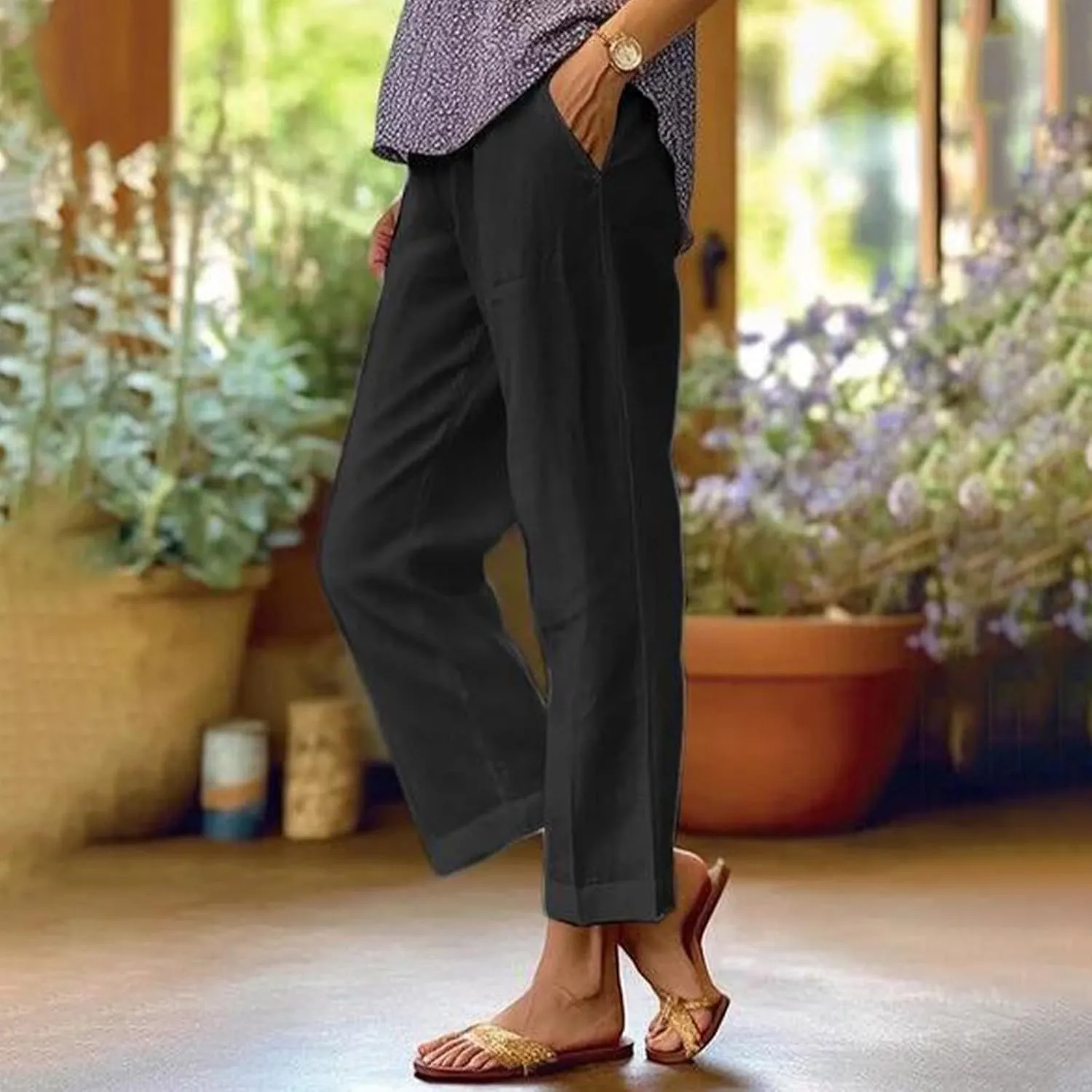 Women Linen Pants Breathable Elastic Waist Gauze Pant Lightweight Plus Size Summer Vacation Beach Pants with Pockets