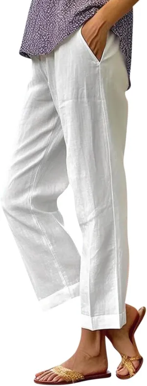 Women Linen Pants Breathable Elastic Waist Gauze Pant Lightweight Plus Size Summer Vacation Beach Pants with Pockets