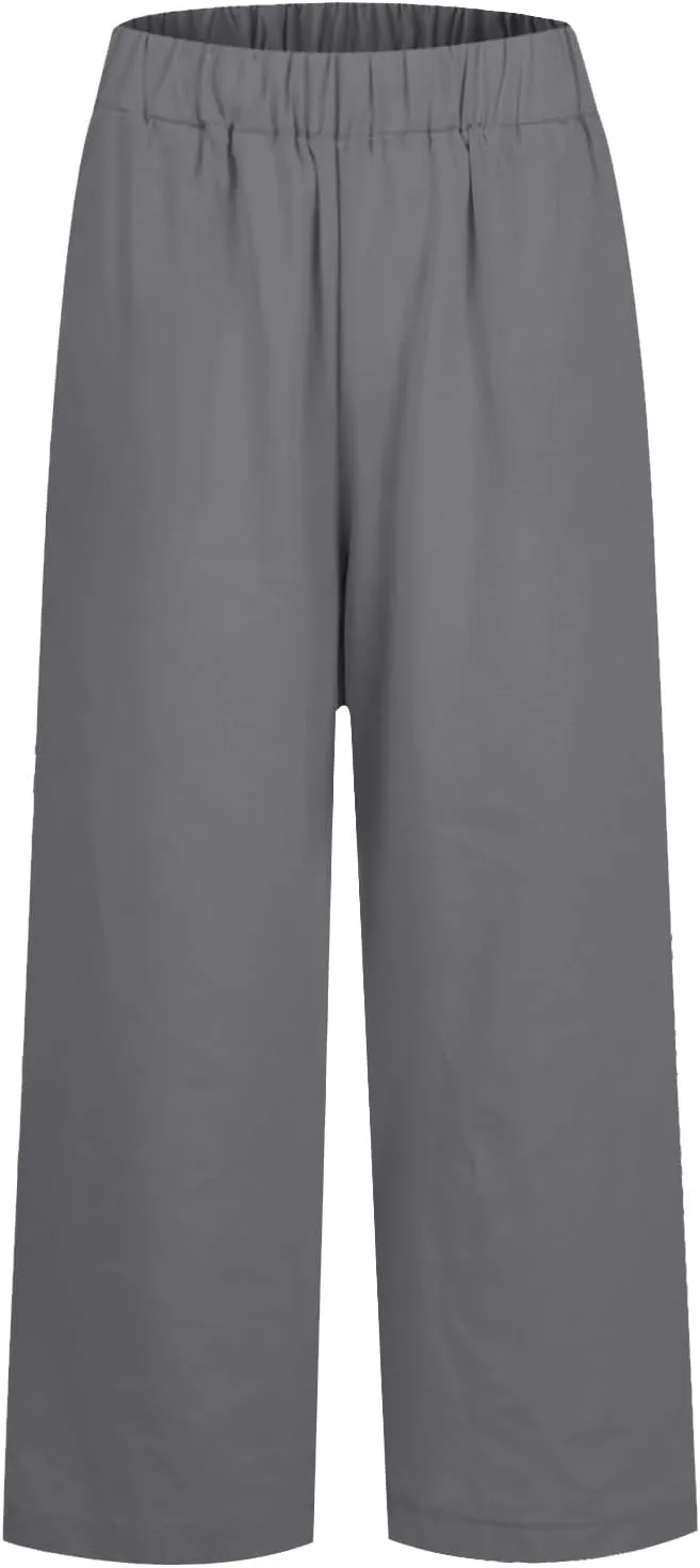 Women Linen Pants Breathable Elastic Waist Gauze Pant Lightweight Plus Size Summer Vacation Beach Pants with Pockets