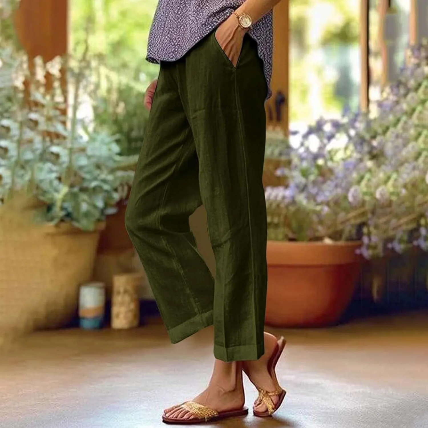 Women Linen Pants Breathable Elastic Waist Gauze Pant Lightweight Plus Size Summer Vacation Beach Pants with Pockets