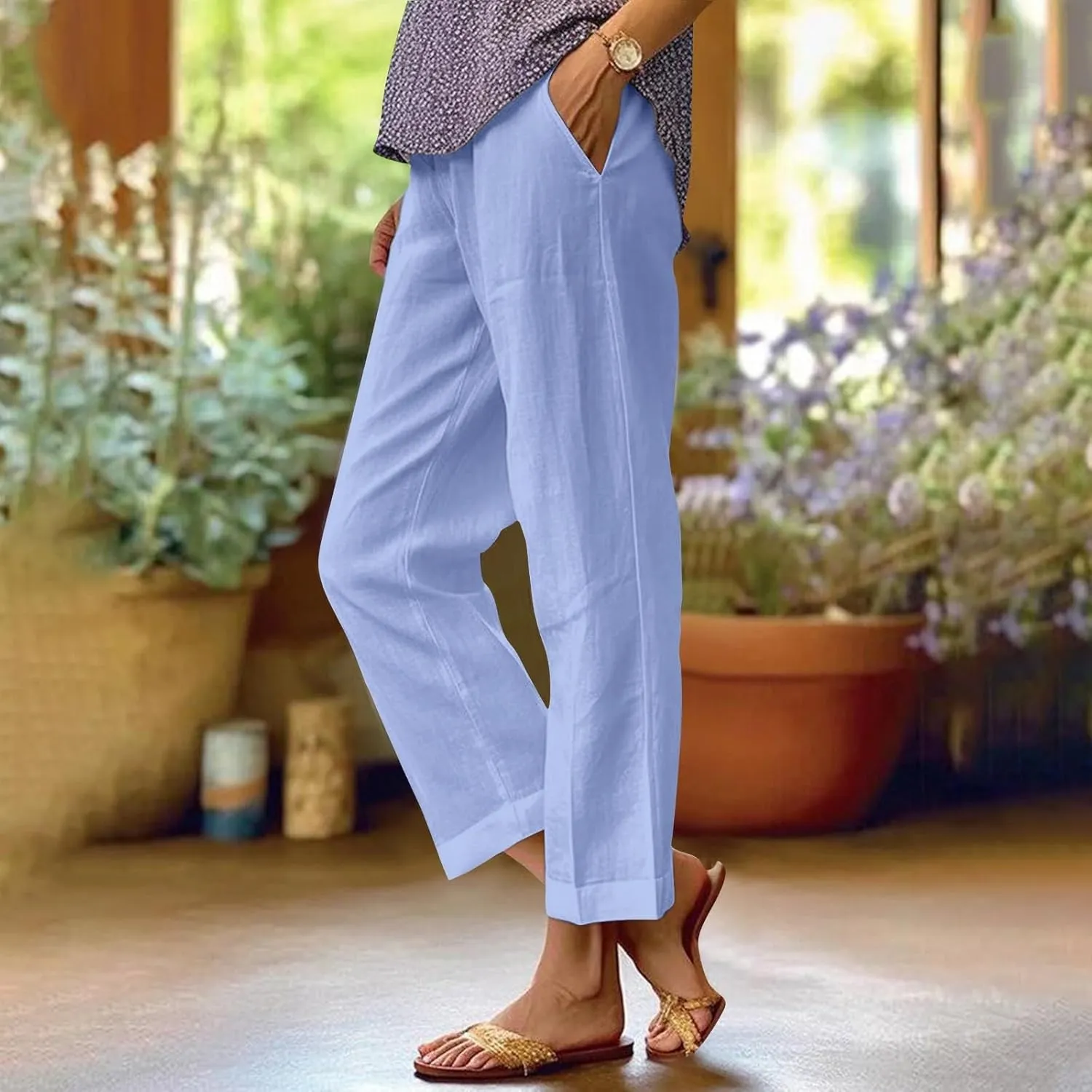 Women Linen Pants Breathable Elastic Waist Gauze Pant Lightweight Plus Size Summer Vacation Beach Pants with Pockets