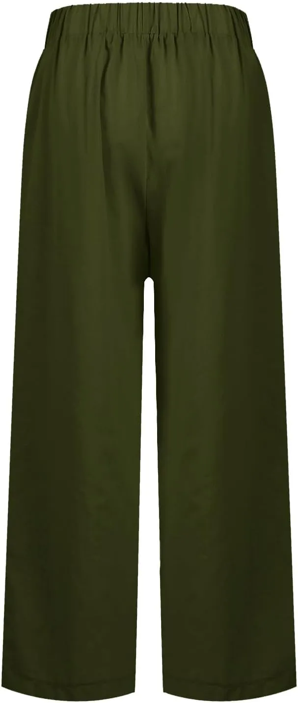 Women Linen Pants Breathable Elastic Waist Gauze Pant Lightweight Plus Size Summer Vacation Beach Pants with Pockets