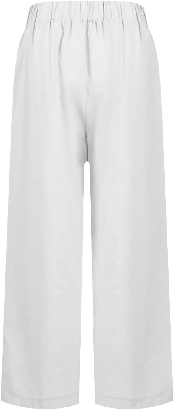 Women Linen Pants Breathable Elastic Waist Gauze Pant Lightweight Plus Size Summer Vacation Beach Pants with Pockets