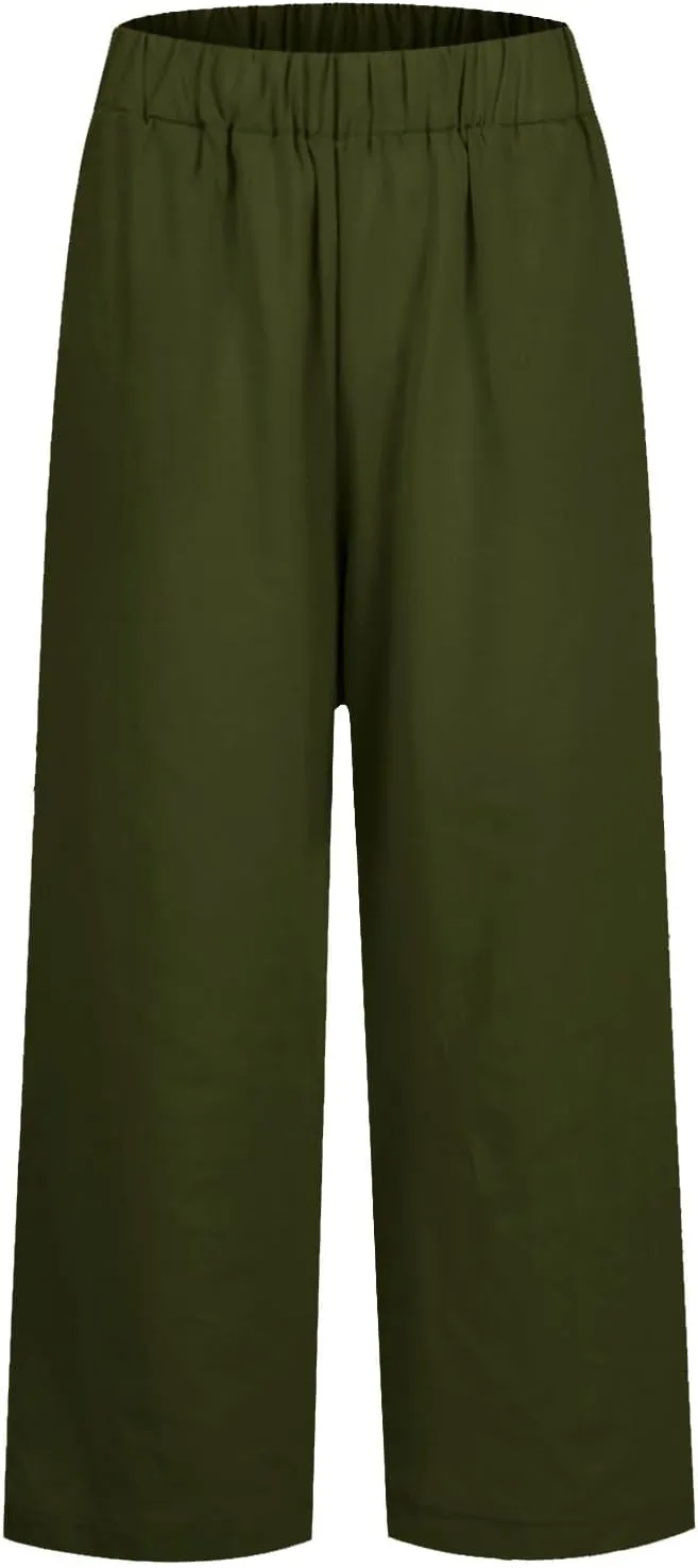 Women Linen Pants Breathable Elastic Waist Gauze Pant Lightweight Plus Size Summer Vacation Beach Pants with Pockets