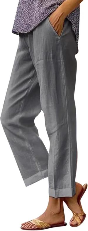 Women Linen Pants Breathable Elastic Waist Gauze Pant Lightweight Plus Size Summer Vacation Beach Pants with Pockets