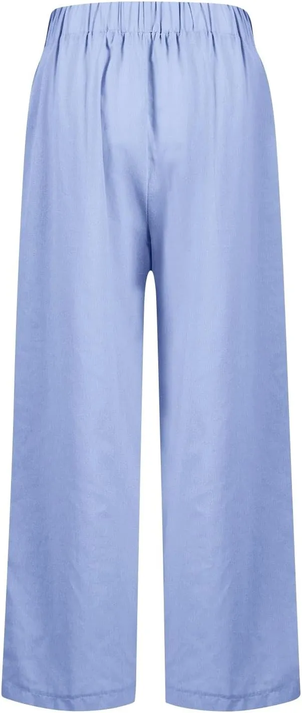 Women Linen Pants Breathable Elastic Waist Gauze Pant Lightweight Plus Size Summer Vacation Beach Pants with Pockets