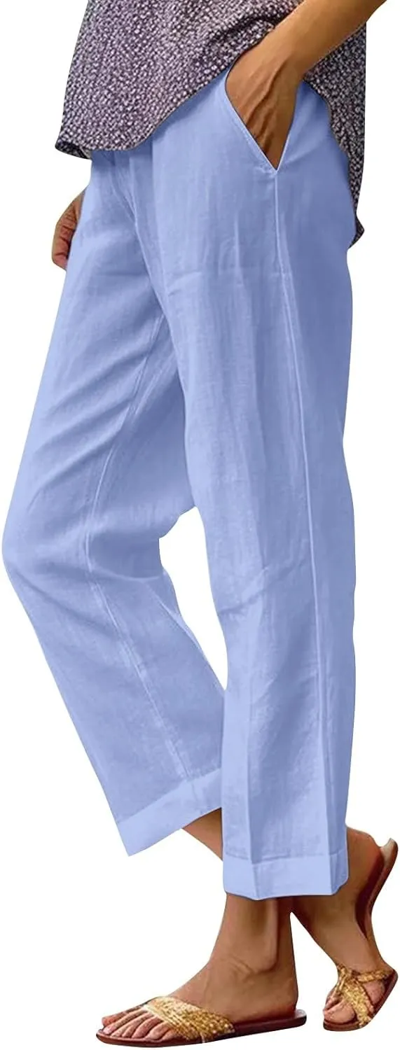 Women Linen Pants Breathable Elastic Waist Gauze Pant Lightweight Plus Size Summer Vacation Beach Pants with Pockets