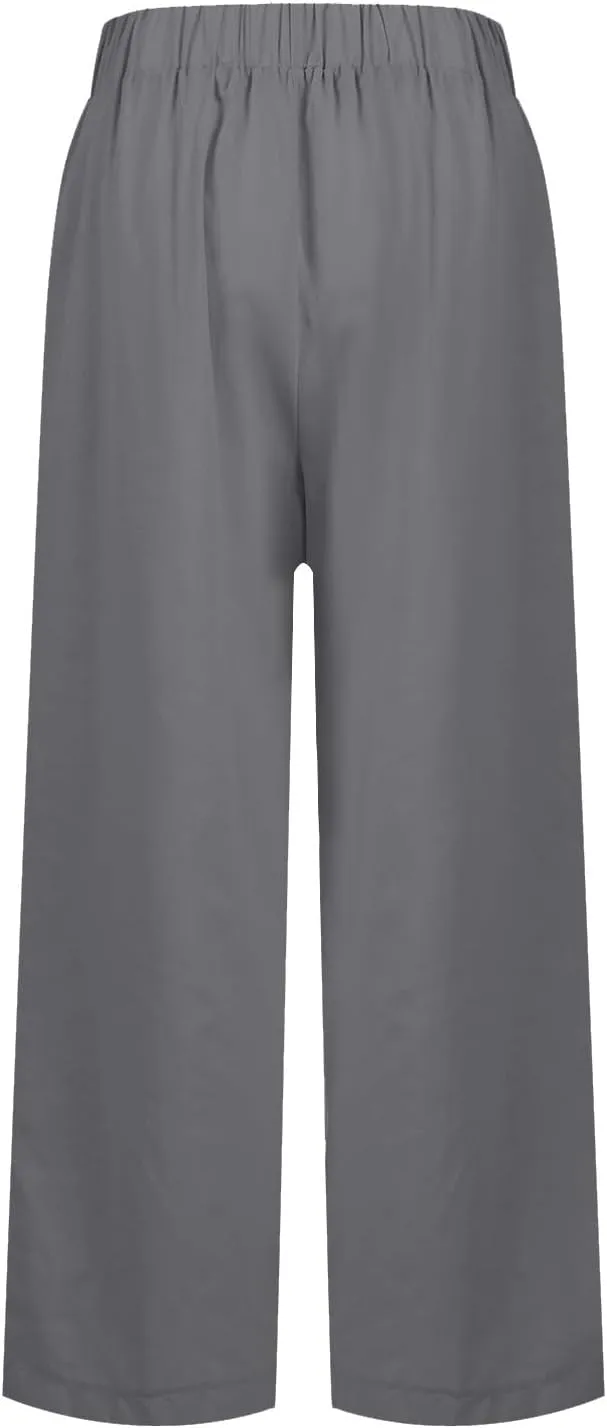 Women Linen Pants Breathable Elastic Waist Gauze Pant Lightweight Plus Size Summer Vacation Beach Pants with Pockets