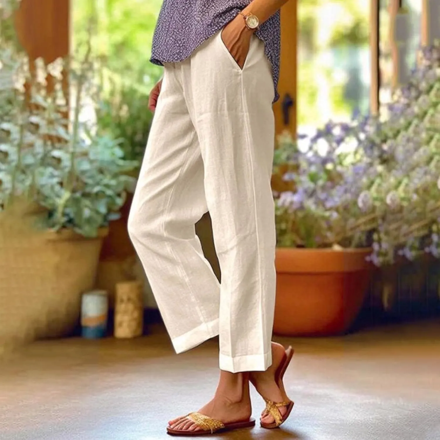 Women Linen Pants Breathable Elastic Waist Gauze Pant Lightweight Plus Size Summer Vacation Beach Pants with Pockets