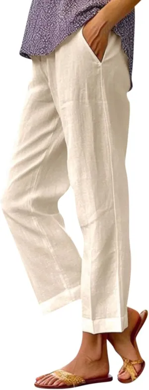 Women Linen Pants Breathable Elastic Waist Gauze Pant Lightweight Plus Size Summer Vacation Beach Pants with Pockets