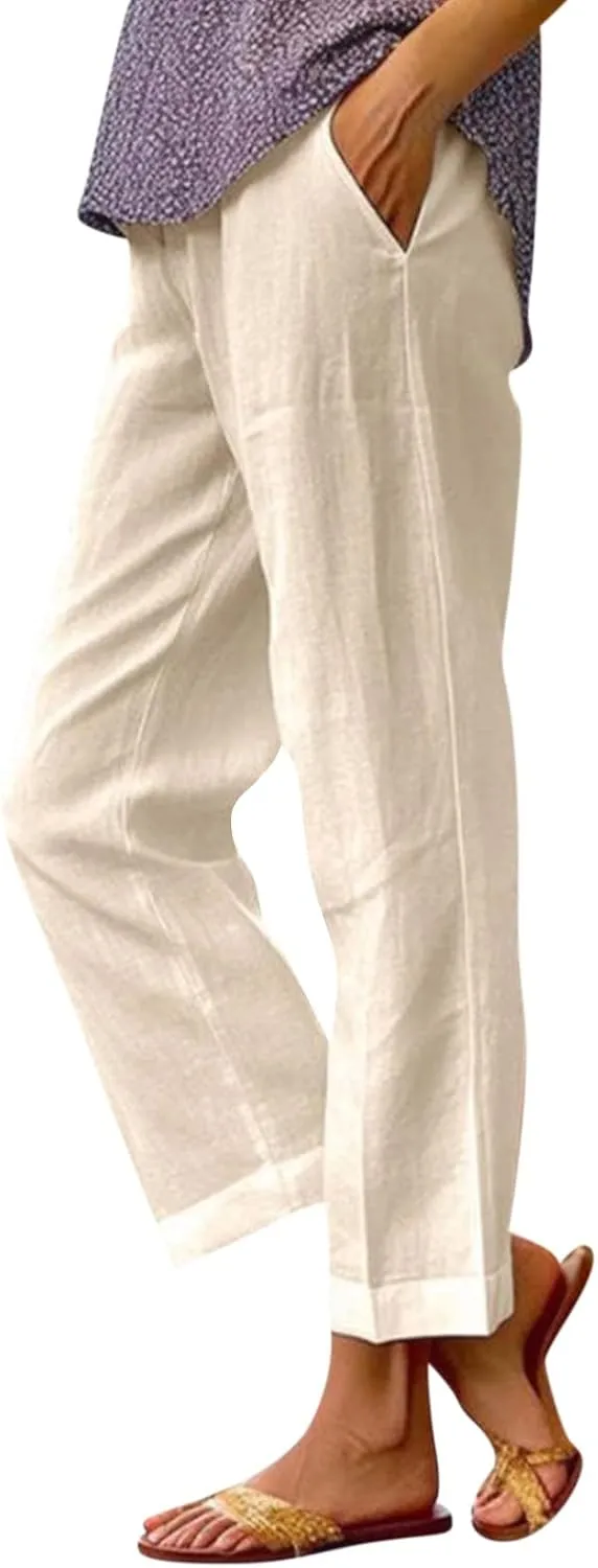 Women Linen Pants Breathable Elastic Waist Gauze Pant Lightweight Plus Size Summer Vacation Beach Pants with Pockets