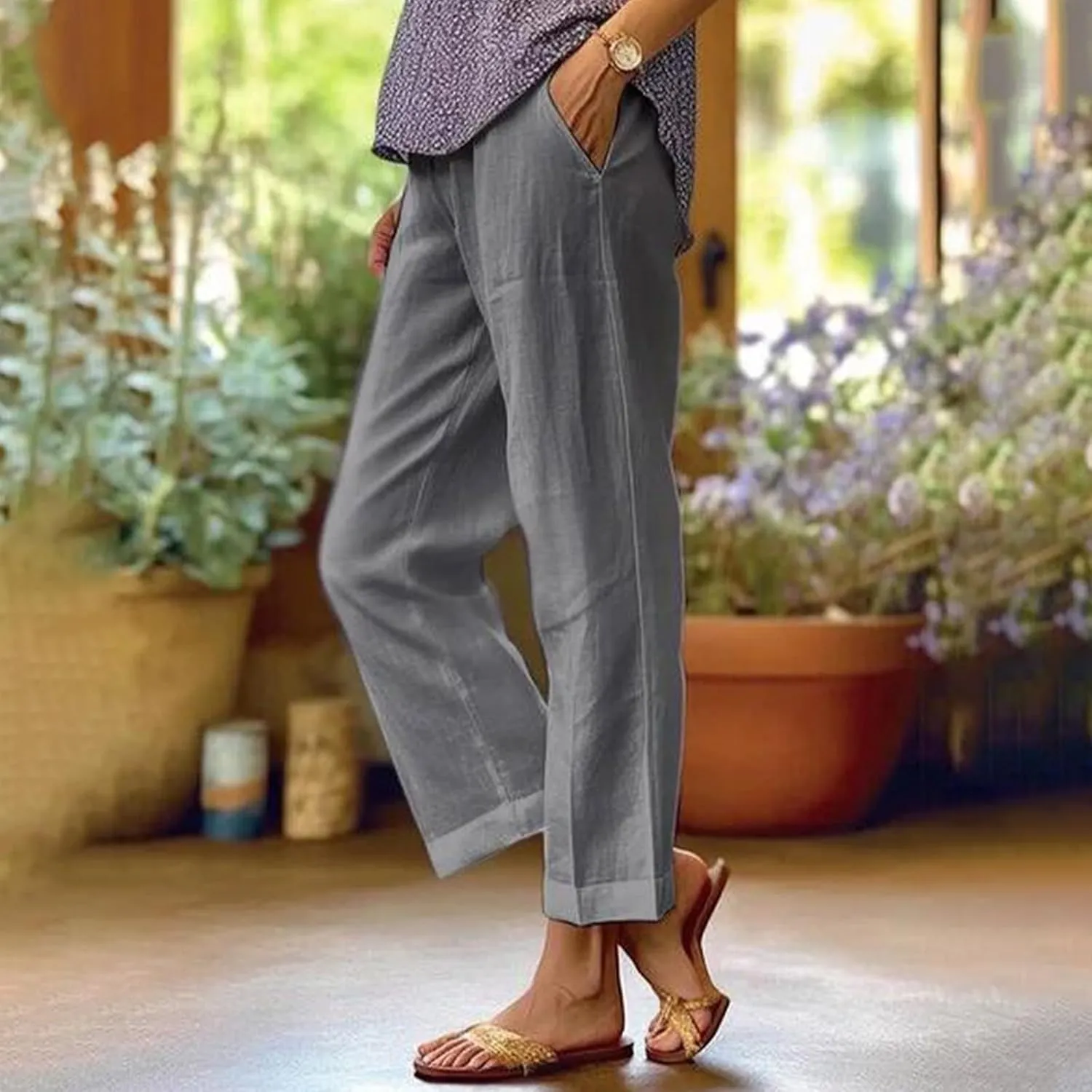 Women Linen Pants Breathable Elastic Waist Gauze Pant Lightweight Plus Size Summer Vacation Beach Pants with Pockets