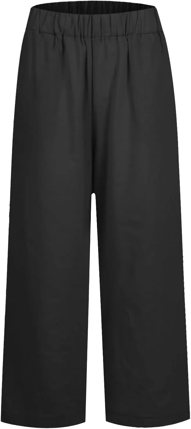 Women Linen Pants Breathable Elastic Waist Gauze Pant Lightweight Plus Size Summer Vacation Beach Pants with Pockets
