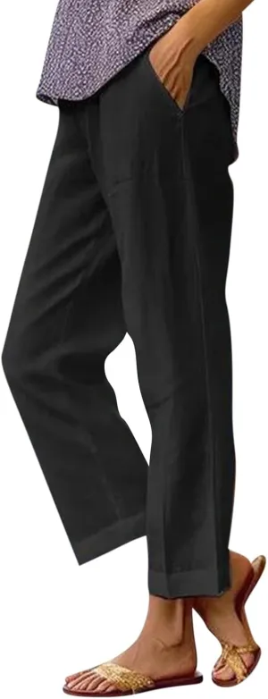 Women Linen Pants Breathable Elastic Waist Gauze Pant Lightweight Plus Size Summer Vacation Beach Pants with Pockets