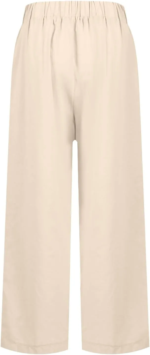Women Linen Pants Breathable Elastic Waist Gauze Pant Lightweight Plus Size Summer Vacation Beach Pants with Pockets