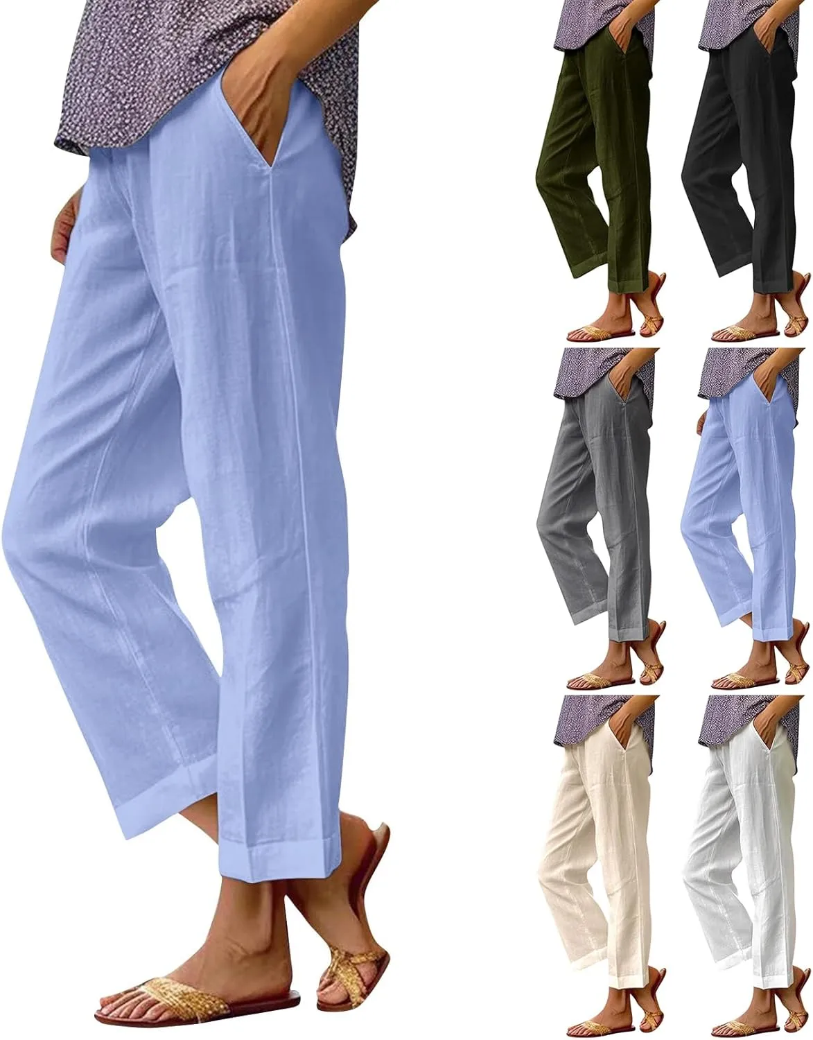Women Linen Pants Breathable Elastic Waist Gauze Pant Lightweight Plus Size Summer Vacation Beach Pants with Pockets