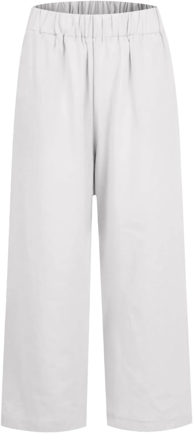 Women Linen Pants Breathable Elastic Waist Gauze Pant Lightweight Plus Size Summer Vacation Beach Pants with Pockets
