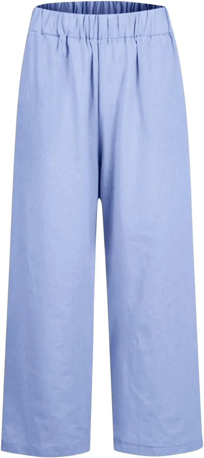 Women Linen Pants Breathable Elastic Waist Gauze Pant Lightweight Plus Size Summer Vacation Beach Pants with Pockets