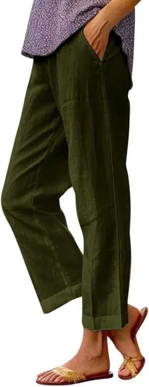 Women Linen Pants Breathable Elastic Waist Gauze Pant Lightweight Plus Size Summer Vacation Beach Pants with Pockets