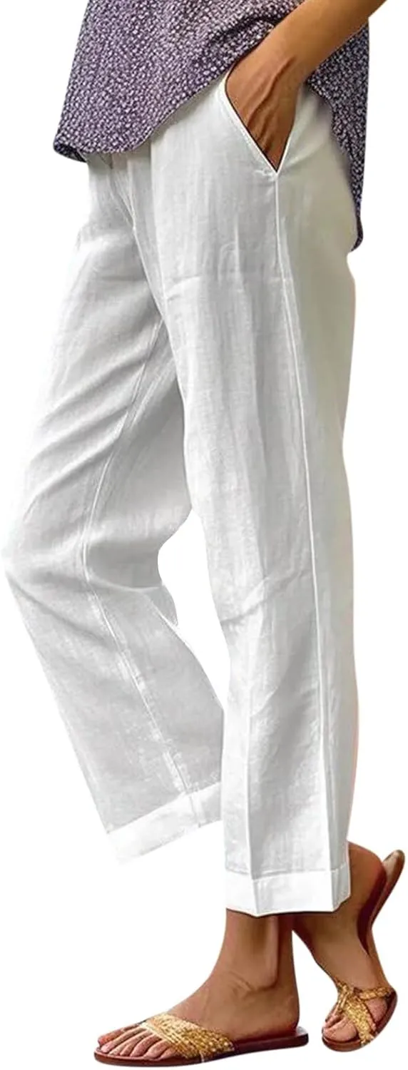 Women Linen Pants Breathable Elastic Waist Gauze Pant Lightweight Plus Size Summer Vacation Beach Pants with Pockets