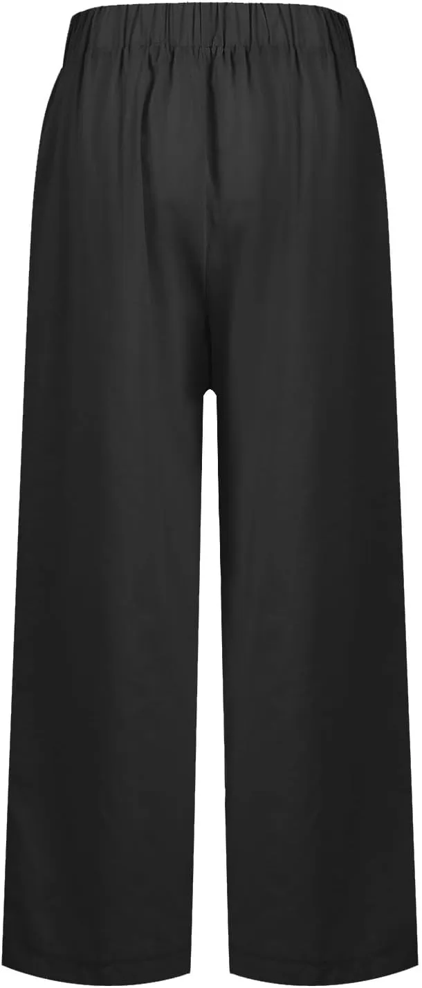 Women Linen Pants Breathable Elastic Waist Gauze Pant Lightweight Plus Size Summer Vacation Beach Pants with Pockets
