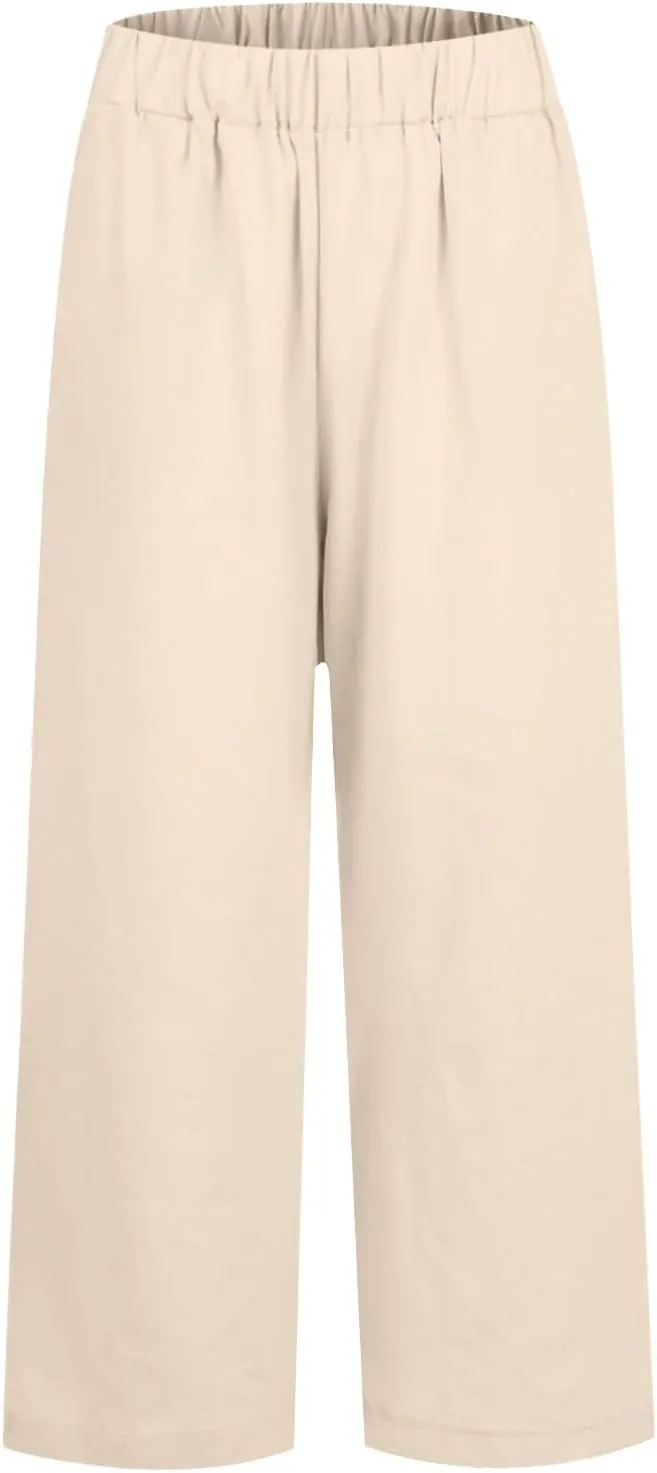 Women Linen Pants Breathable Elastic Waist Gauze Pant Lightweight Plus Size Summer Vacation Beach Pants with Pockets