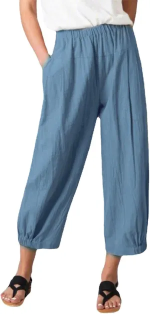 Women's Capri Pants with Pockets Drawstring High Waist Pants Flax Ankle Trousers Wide Leg Cropped Pants for Women