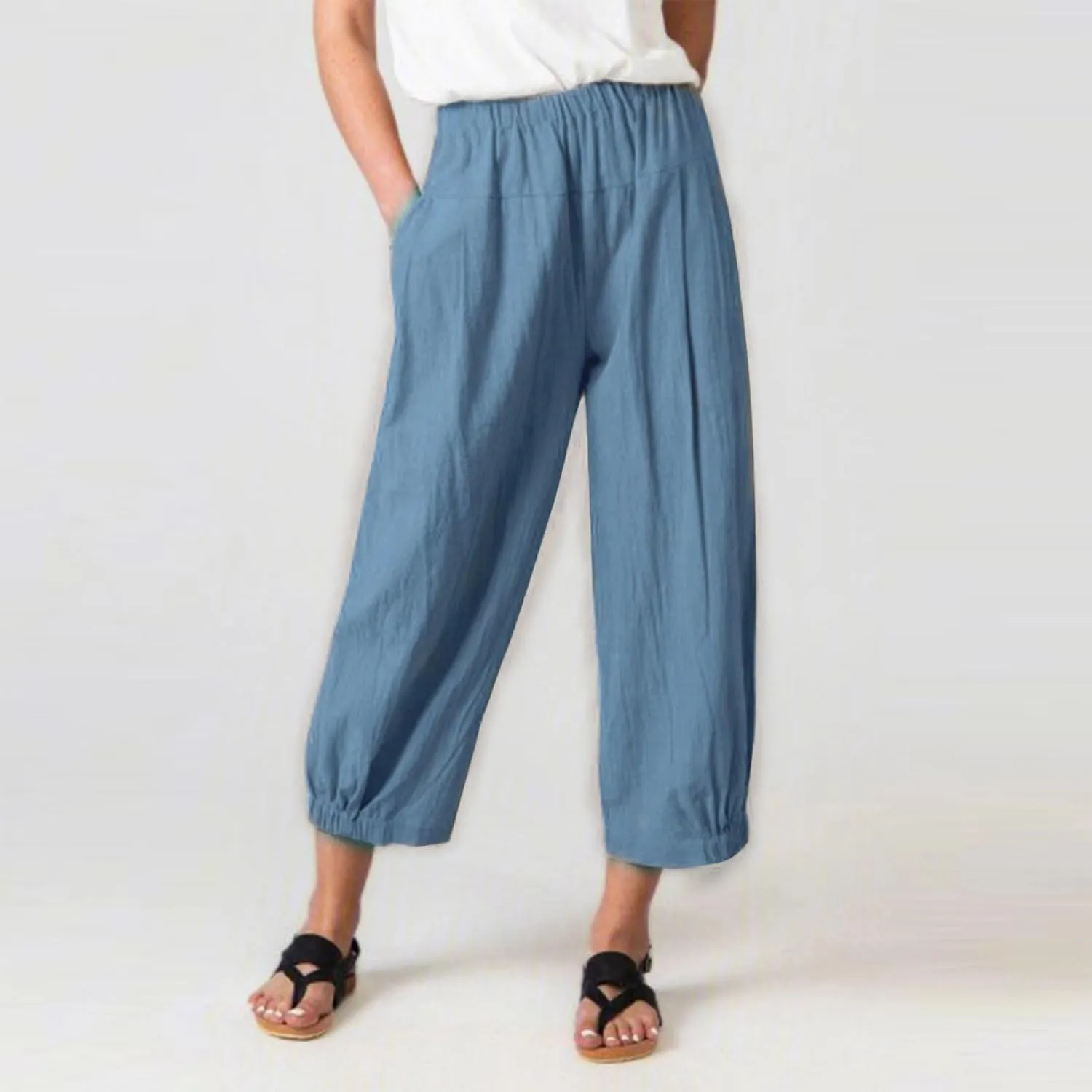 Women's Capri Pants with Pockets Drawstring High Waist Pants Flax Ankle Trousers Wide Leg Cropped Pants for Women