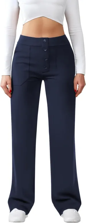 Womens Casual High Waist Straight Leg Pants Stretchy Button Business Dress Work Pocket Trousers