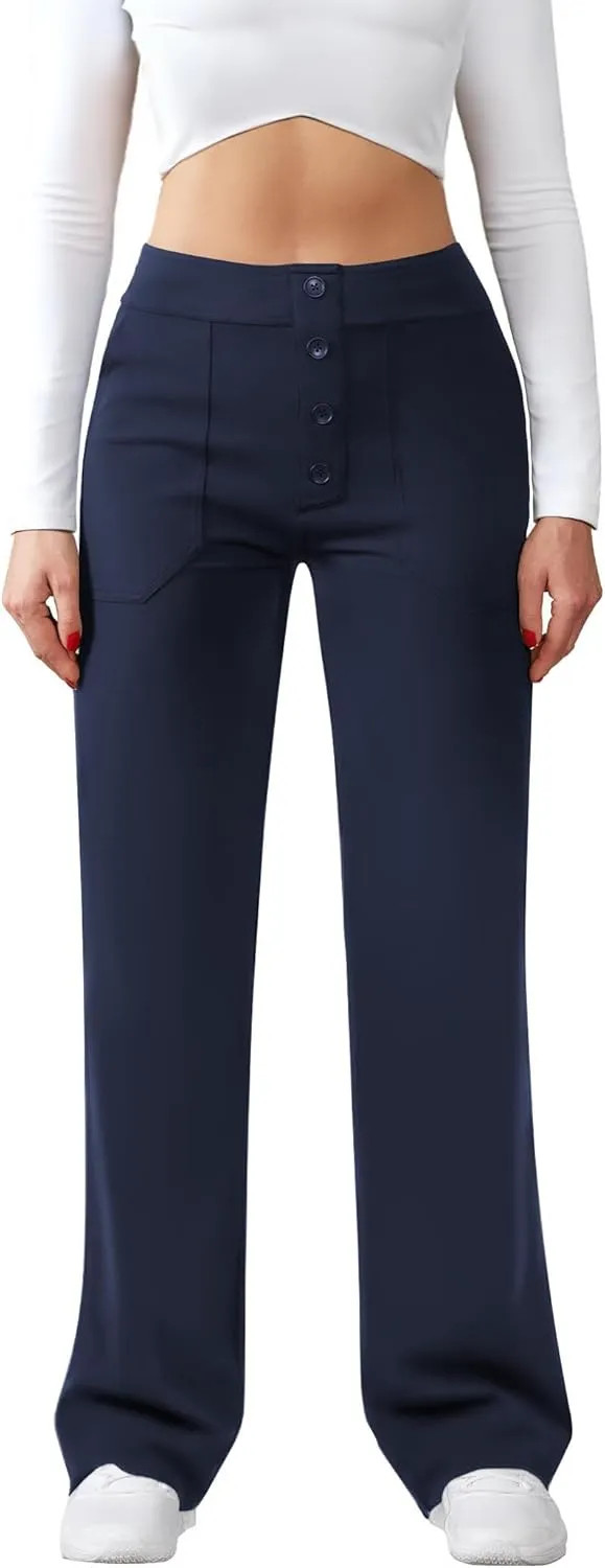 Womens Casual High Waist Straight Leg Pants Stretchy Button Business Dress Work Pocket Trousers